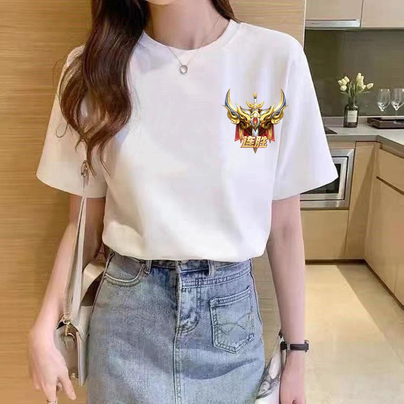 Sommer Damen Baumwolle Lose Weiße Kurzarm T-Shirt Rundhals Bedrucktes Oberteil