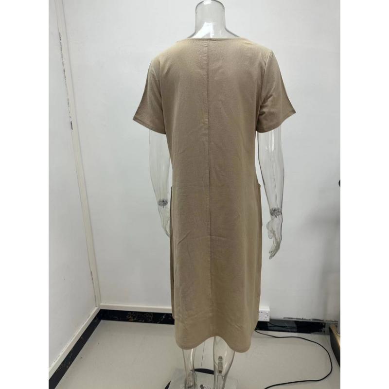 Women's Summer Cotton Linen Solid Color Loose Dress, Round Neck Short Sleeve Casual Midi Dress with Side Pockets