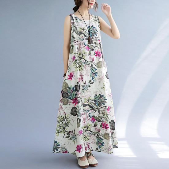 Summer O-Neck Sleeveless Lady Maxi Dress Floral Print Oversized Loose Hem Holiday Long Dress Female Clothing