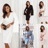 Robe Midi d'Été pour Femmes Col V Longue Fente Manches Trompette Couleur Unie Business Formel Robe de Fête