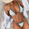 Women's Neon Pink Contrast Trim Bikini Set with Pearl Chain Detail, Crinkle Texture Two Piece Swimwear