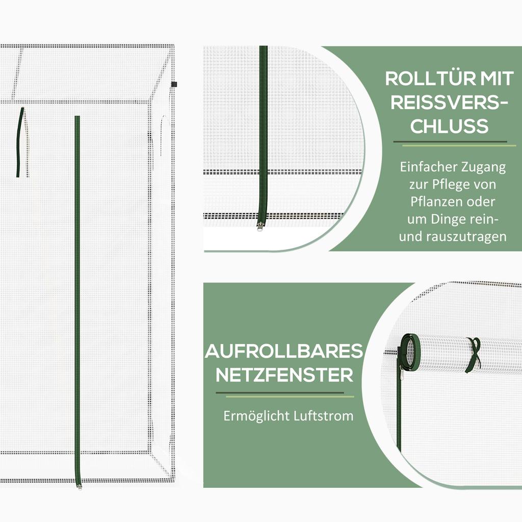 Greenhouse with Side window, roll-up door, windproof, steel frame, plastic tarpaulin, white, 200 x 76 x 168 cm