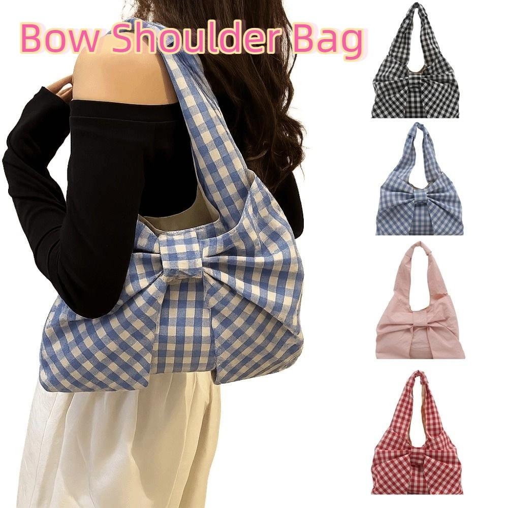 Large Capacity Canvas Vest Bag Bowknot Plaid Tote Bag Vintage Bow Shoulder Bag  Outdoor
