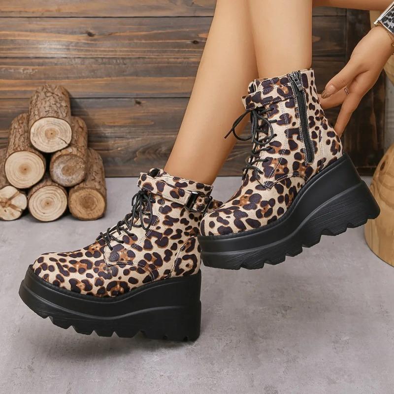 Ladies Shoes Large Size Ankle Women's Boots High Heel Modern Boots Women Leopard Side Zip Front Lace-up Wedge Female Shoes