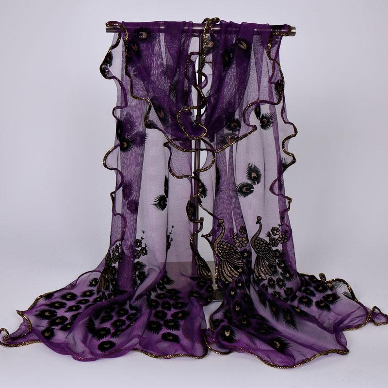 Peacock Embroidery Scarf Shawls Flocking Breathable Cut Scarves Lace Ladies Scarf Sequin Bronzed Scarf Beach Towel 190*40cm