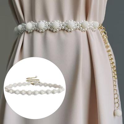 Women's Flower Waist Chain with Pearl Adjustable Length Elegant Multi-Layered Dress Belt for Women Accessory KTB