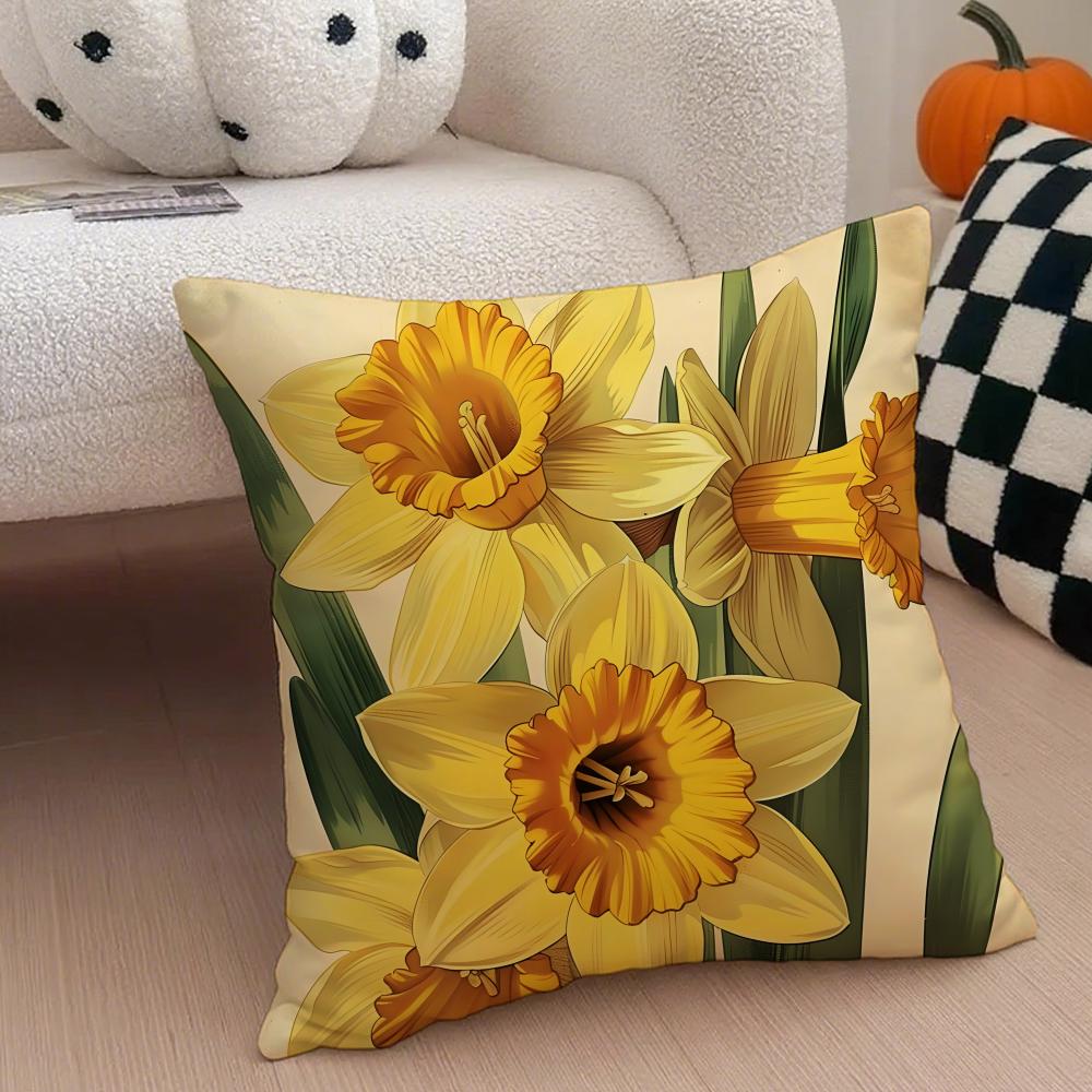 Warm Bright Yellow Daffodil Narcissus Flowers Cushion Cover Throw Pillow Cover Hidden Button Durable Polyester Chair Cushion