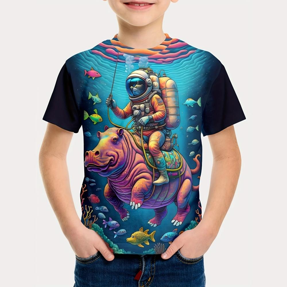 Summer Cartoon Astronaut Round Neck 3D Print Short Sleeve Graphic T Shirts Fun Children's Clothing T-Shirt for a Boy