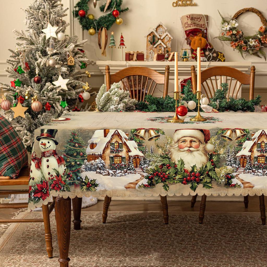 1 Piece Christmas Round and Rectangular Tablecloth, Various Sizes, Retro Santa Claus and Christmas Tree Print Design Pattern Tablecloth, Christmas Gar