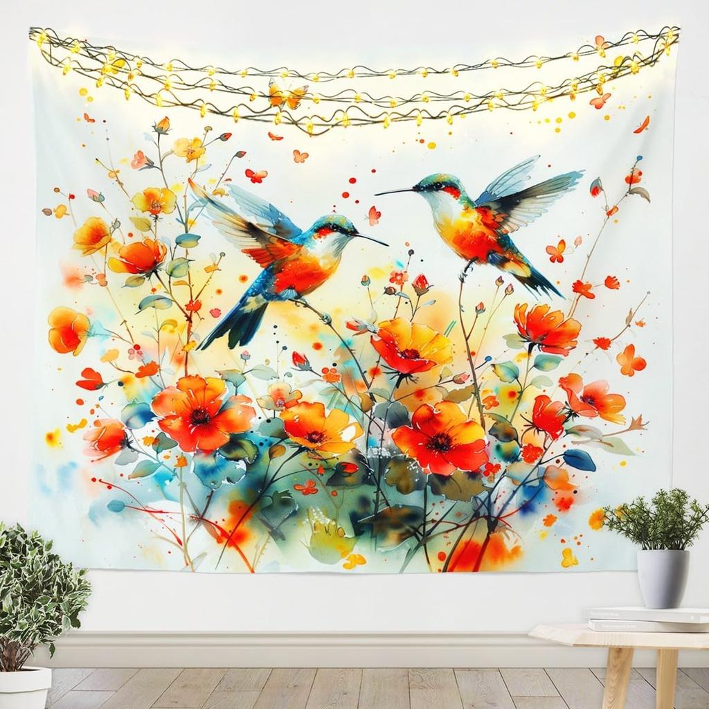 Watercolor Hummingbird Tapestry, Vibrant Wall Hanging with Colorful Hummingbirds & Cherry Blossoms on Purple Background