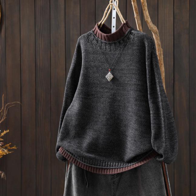 Women's Long Sleeve Sweater Mock Neck Vintage Loose Fit Color Block Knit Pullover Jumper