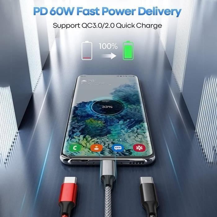 Câble USB-C vers USB-C Rapide 3A pour Samsung Galaxy A26 A23 A24 A22 A02s A03s A04s A12 A13 -Nylon Renforcé 1M Rouge