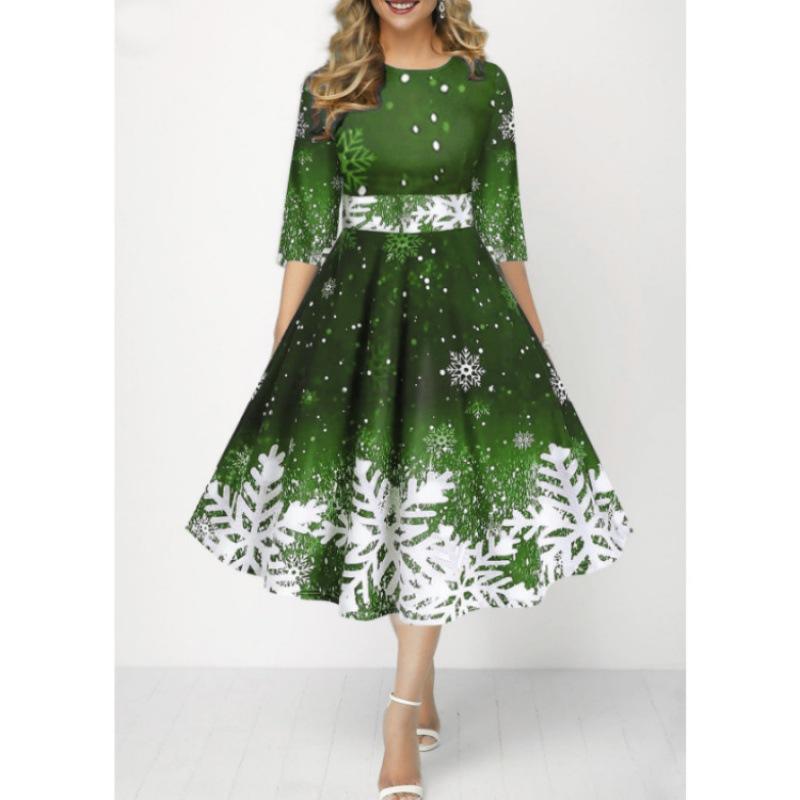 Neues modisches und personalisiertes Kleid mit Schneeflocken-Digitaldruck und Temperament, mittellangen Ärmeln und taillierter Taille für Damen