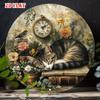 Sleeping Tabby Cat with Vintage Books and Flowers Tin Sign Vintage Durable Metal Plaque Wall Decor Home Office Bar Man Cave W