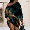Women Plus Size Off Shoulder Long Sleeve Black Teal Gold Galaxy Print Dress
