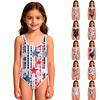 Girls One Piece Swimsuit Independence Day Stars Stripes Print Sleeveless Round Neck Swimwear for Kids
