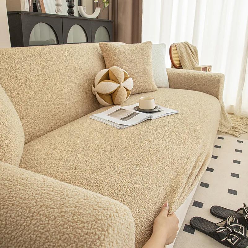Teddy Velvet Solid Color Warm Sofa Cover High Elastic Thick Corner Couch Covers For Winter Anti-Scratch Pet Friendly Sofa Pad Cover
