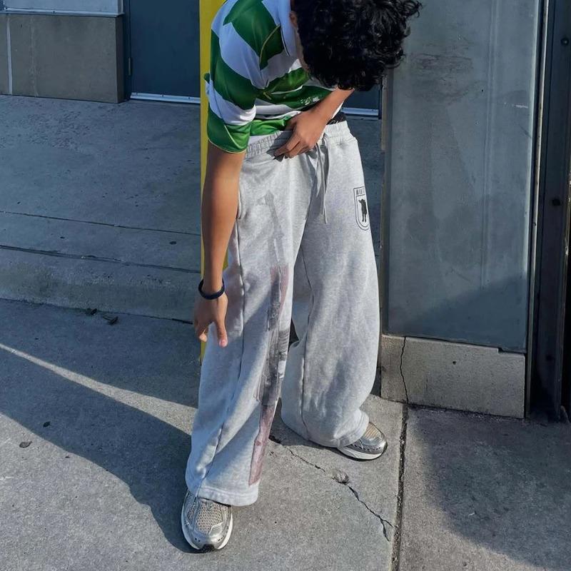 ROADVIBE Y2K High-Waisted Printed Embroidered Street Guard Pants Spring Summer Casual Straight Leg Double Waist Design Fashionable