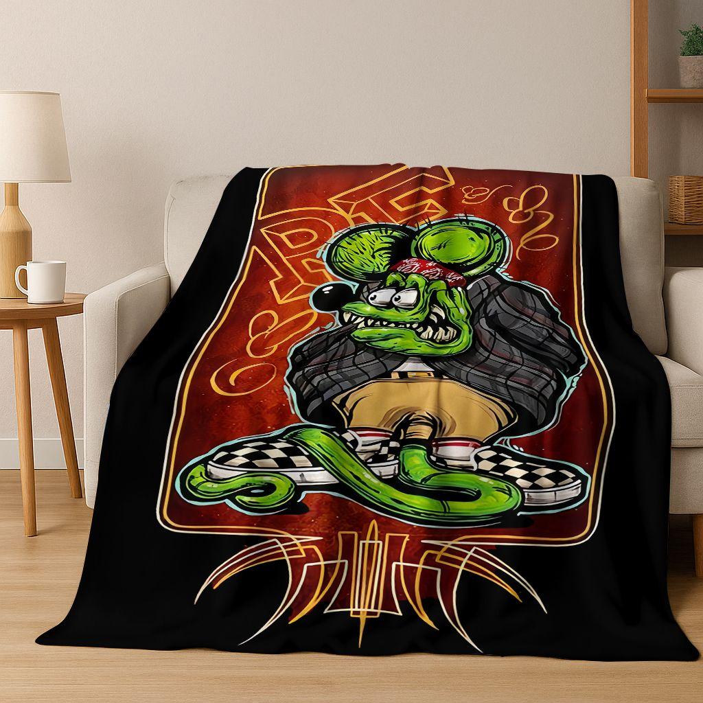3D Rebellischer RAT FINK Autos Schild Cartoon Flanell Decke, Warme und Gemütliche Weiche Überwurfdecke für Zuhause Schlafzimmer Bett Sofa Picknick Abdeckung