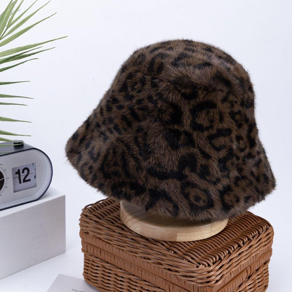 Faux Fur Plush Fisherman Hat Leopard Print Panama Hat Cozy Fluffy Fur Hat  For Women Girls