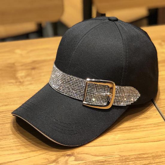 Women Baseball Hat Long Brim Rhinestone Round Top Breathable Decorative Sunscreen Contrast Color Hip Hop Women Peaked Hat Headwear