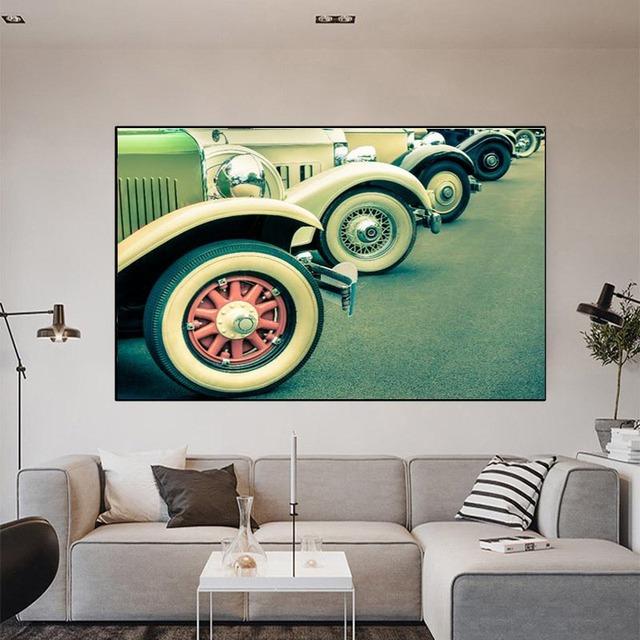 Solid Wood Frame Abstract Car Canvas Painting Vintage Lamp Holder Wheel Posters and Prints Wall Picture for Living Room Home Decor