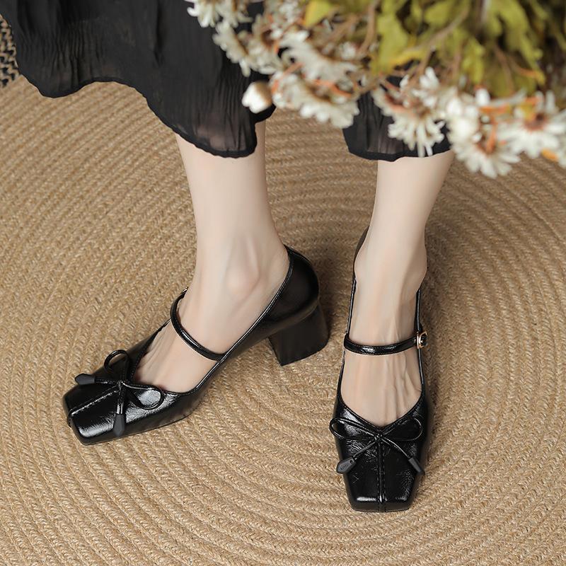 Shallow Mouth Mary Jane Shoes Female Bowknot Thick Heel Solid Color Square Toe Single Shoes High Heels All-match Autumntime