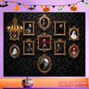 Eine Halloween-Dekorationsszene mit einem furchterregenden Herrenhaus-Hintergrund, die ein dramatisches gotisches Totenkopf-Porträt-Design aufweist