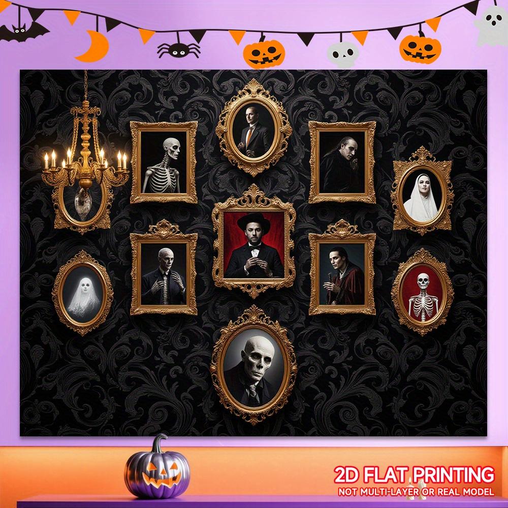 Eine Halloween-Dekorationsszene mit einem furchterregenden Herrenhaus-Hintergrund, die ein dramatisches gotisches Totenkopf-Porträt-Design aufweist