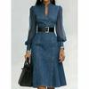 Rochie de Vară Streetwear din Denim, Linie A, pentru Femei, cu Tulle, Maneci Lungi Bufante, Transparentă, Decolteu în V, Rochii Maxi Blugi Vintage cu Curea