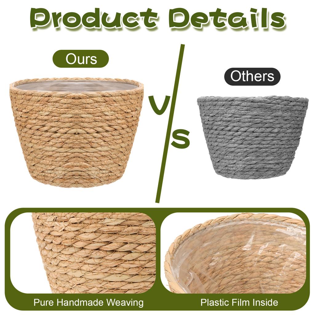 Haiabei 4Pcs Straw Woven Plant Basket Middle Premium Seagrass Planter Basket With Plastic Lining Natural Stylish Planter Baskets