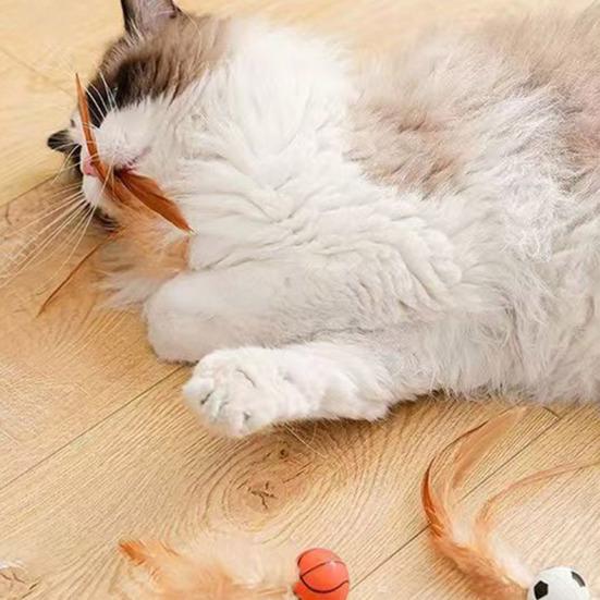 1 Pc/3 Pcs Interactive Feather Ball Toy Mini Bouncy Basketball Soccer Baseball with Feather Pet Training Catcher Toy for Indoor Cats