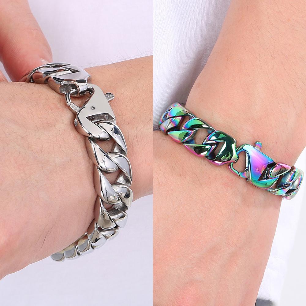 Vacuum Plated Curb Cuban Link Chain Bracelet for Man 15MM Round Polished Matte Titanium Stainless Steel Men's Bracelets Jewelry
