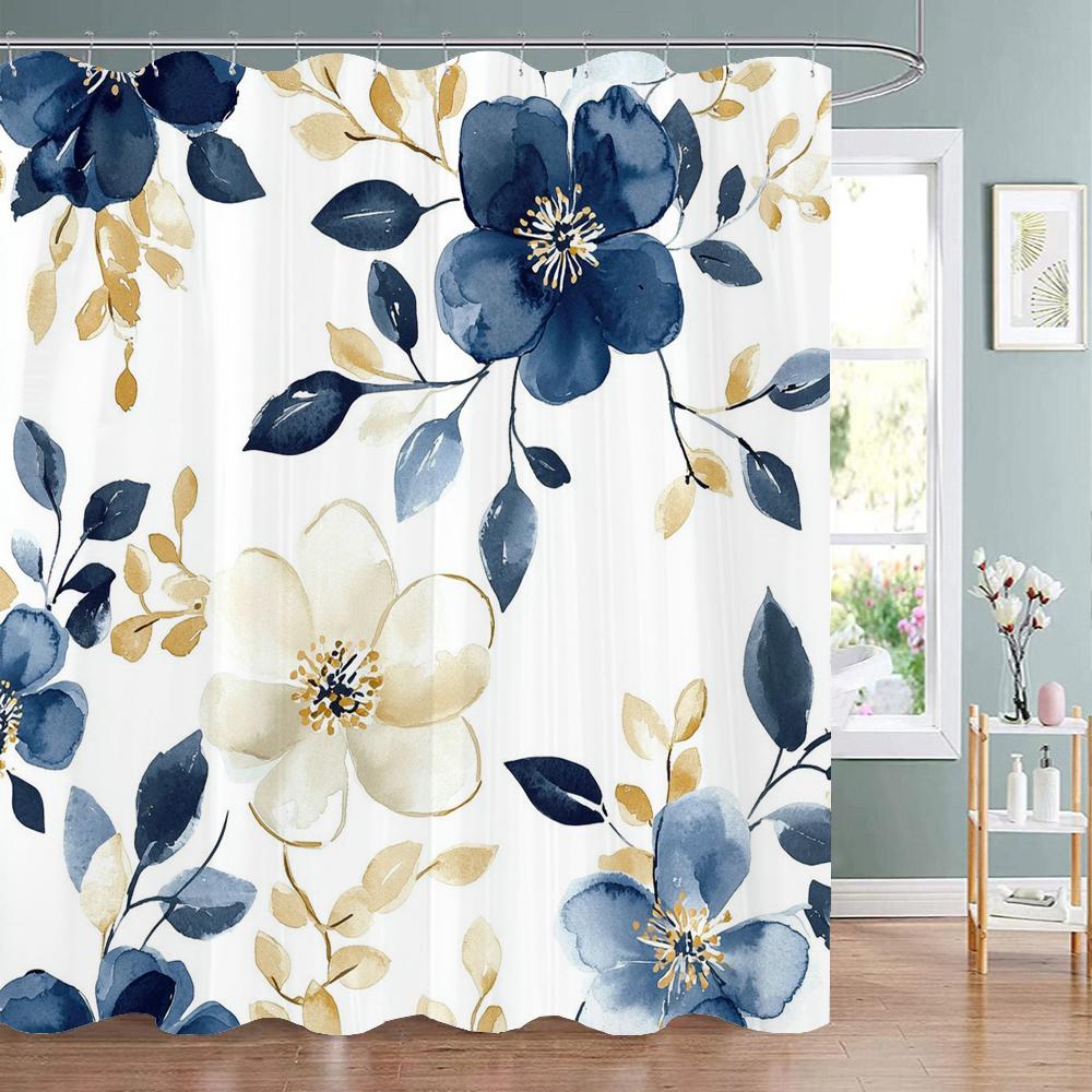 Blauwe Bloemige Douchegordijn, Decoratief Douchegordijn voor de Badkamer, Douchegordijn van Bedrukt Polyester Materiaal met Haken