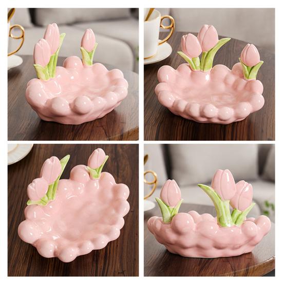 Ceramic Tulip Key Dish Pink Flowers Jewelry Dish Decorative Desktop Organizer for Jewelry Watch Entryway Bedroom Dresser