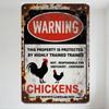Vintage Weathered Metal Sign Rusty Warning 'CHICKENS' with Rusted Edges, Black & White Background, Rooster/Hen Illustration, Typ