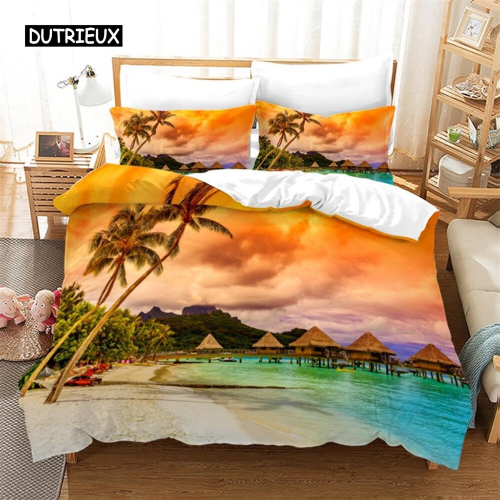 Huse de pilotă cu peisaj de plajă Set de lenjerie de pat cu peisaj de vară din Hawaii Twin Full King Pentru fete băieți Microfibră Huse de pilotă cu copaci tropicali