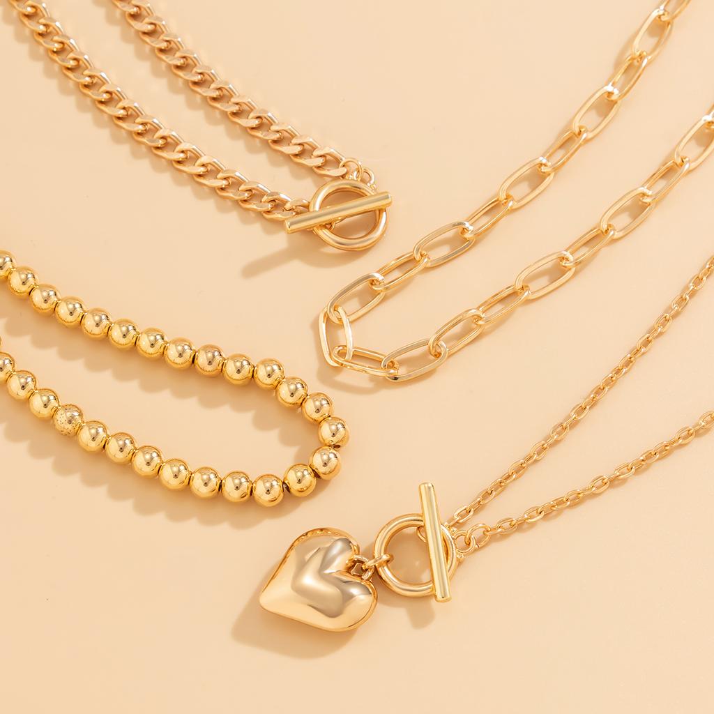 4Pcs/Set Punk Gold Color Heart Pendant Necklace for Women 2026 Trendy OT Buckle Beaded Neck Chain Choker Y2K Jewelry Accessories