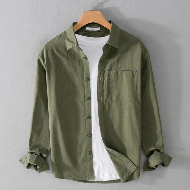Spring and Fall Long Sleeve Men Shirts Japanese Style Casual Shirt 100 Cotton Workwear Men Tops Turn-down Collar Slim Fit Shirt with Pocket