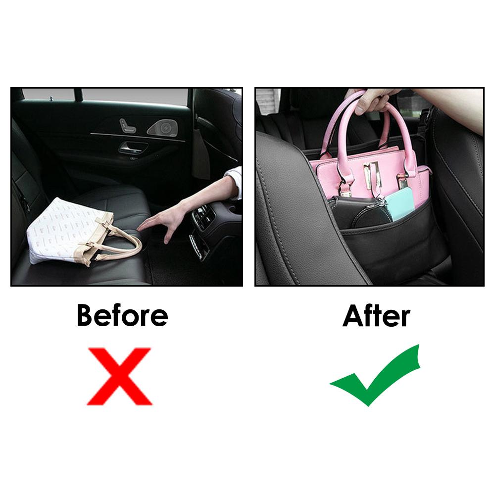 Sac de Rangement Suspendu Central pour Siège Auto Luxe Support de Sac à Main Auto Entre les Sièges Poches pour Mouchoirs, Gobelets et Bouteilles Rangement Nettoyage