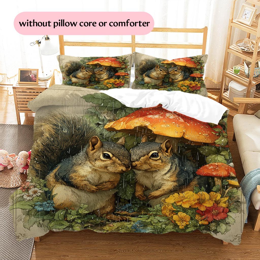 Mushroom Squirrel Pattern Bedding Quilt Set Quilt Cover Pillowcase Home Decoration Gift (1 * Duvet Cover + 2 * Pillowcase, Without Core)
