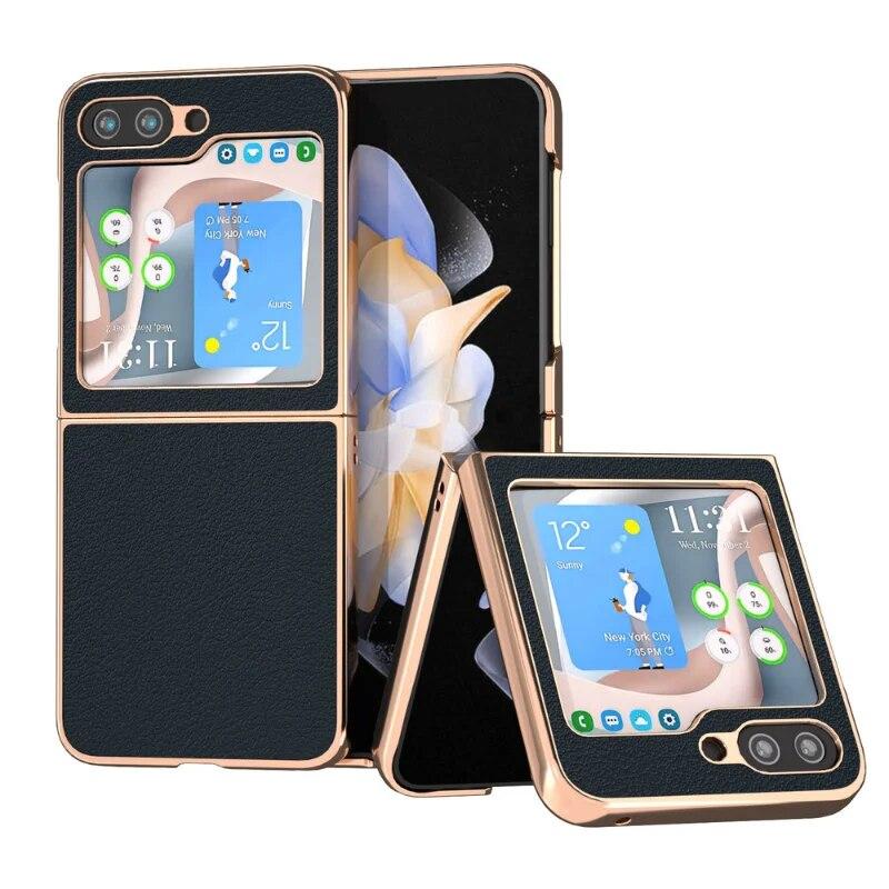 Luxury Genuine Leather Folding Phone Case for Samsung Galaxy Z Flip 5 Z Flip 4 Z Filp 3 Shockproof Plating Bumper Protection Cover