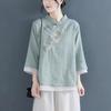 Chinese Style Embroidered Shirt Women Cotton Linen Stand Collar Three Quarter Sleeve Clothing Vintage Casual Shirts Hanfu Tops