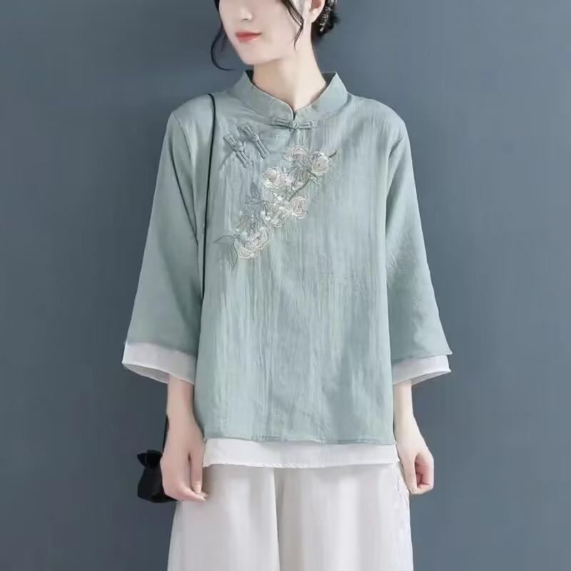 Chinese Style Embroidered Shirt Women Cotton Linen Stand Collar Three Quarter Sleeve Clothing Vintage Casual Shirts Hanfu Tops