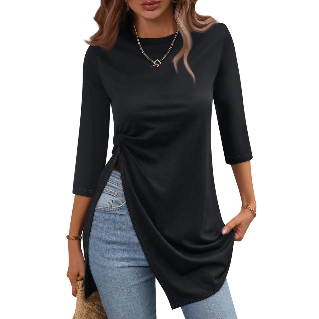 Women's Fashion Casual Split Hem T Shirt Round Neck  3/4 Sleeve  Short Sleeve