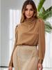 Spring-Summer European American Style Ruched Lantern Sleeve Stand Collar Blouse