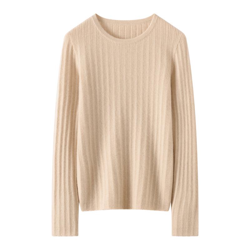 Lekasha Pure Cashmere Seamless Vertical Stripe Round Neck Base Layer Shirt for Autumn/Winter