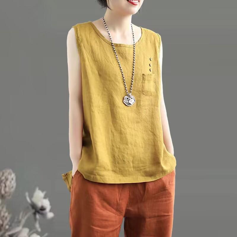 Cotton and linen pure cotton vest women's solid color splicing and thin sleeveless crew neck shirt versatile suspender vest spring and summer women