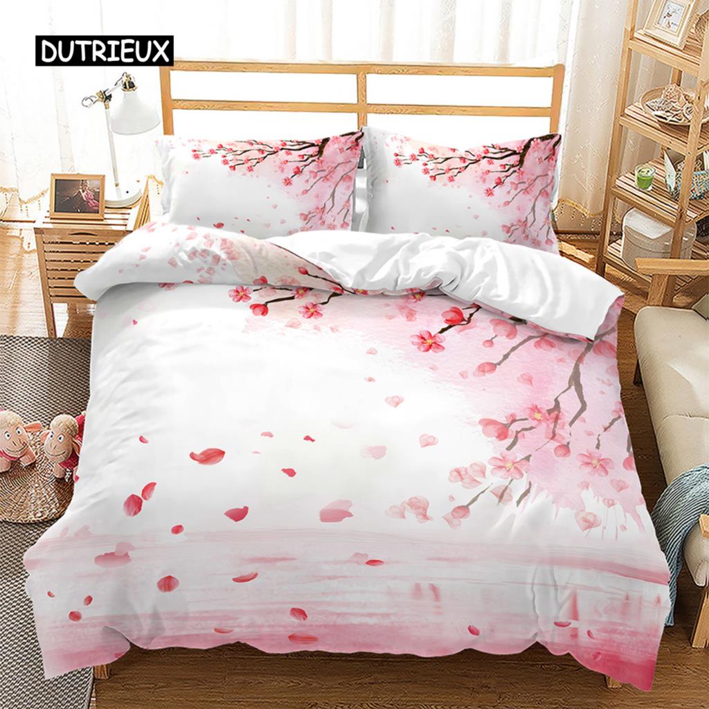 Pink Floral Duvet Cover Japanese Cherry Blossoms Japanese Style Theme Bedding Set Spring Landscape Quilt Cover for Girl Decor