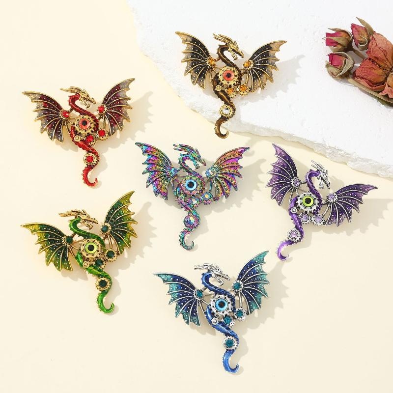 Mechanical Dragon Shaped Enamel Colored Brooch Fantasy Wing Dragon Style Retro Clothing Accessories Badge Jewelry Gift
